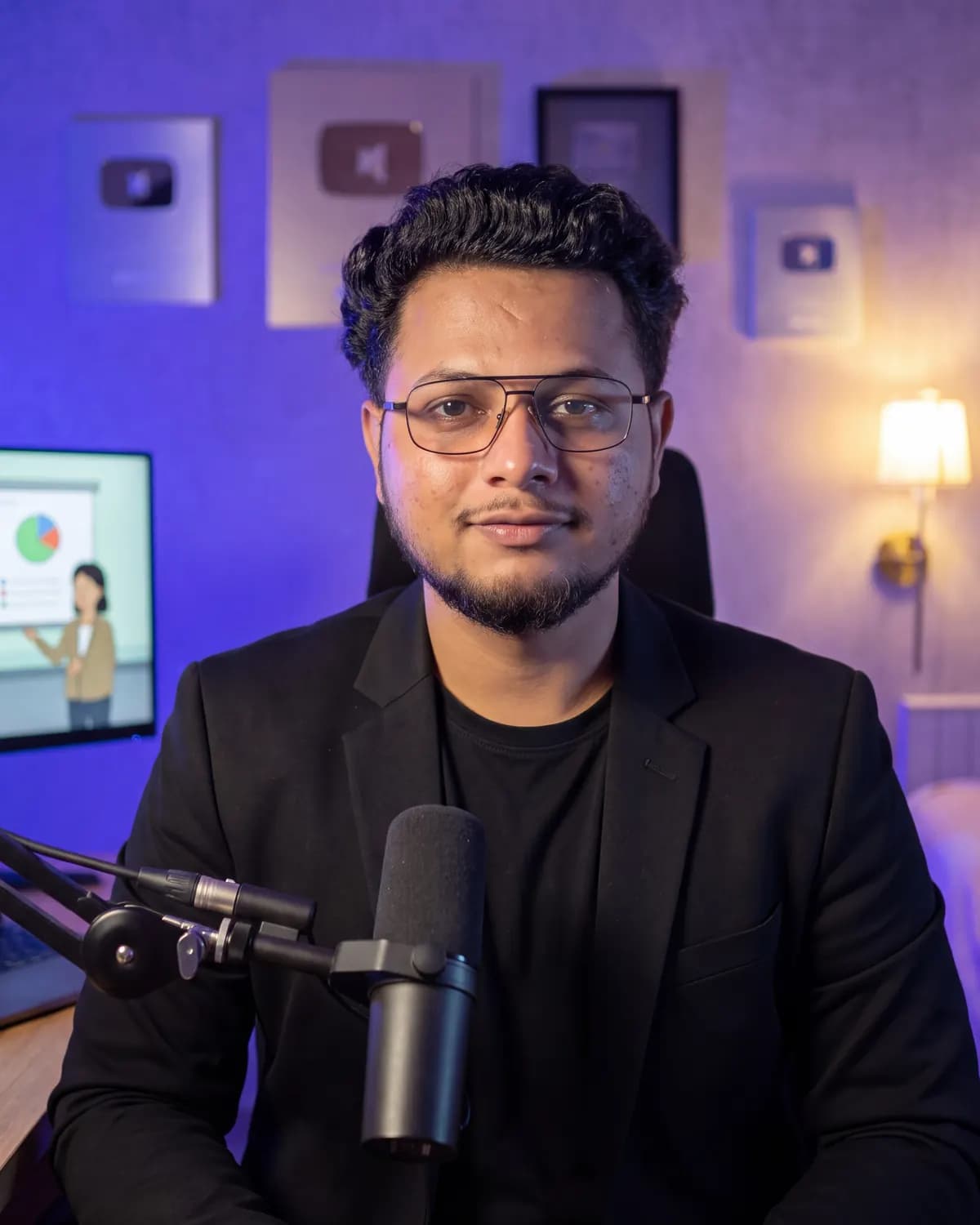 Swaroop at his recording desk, with a microphone, a monitor showing an animated scene and plaques on the wall behind him